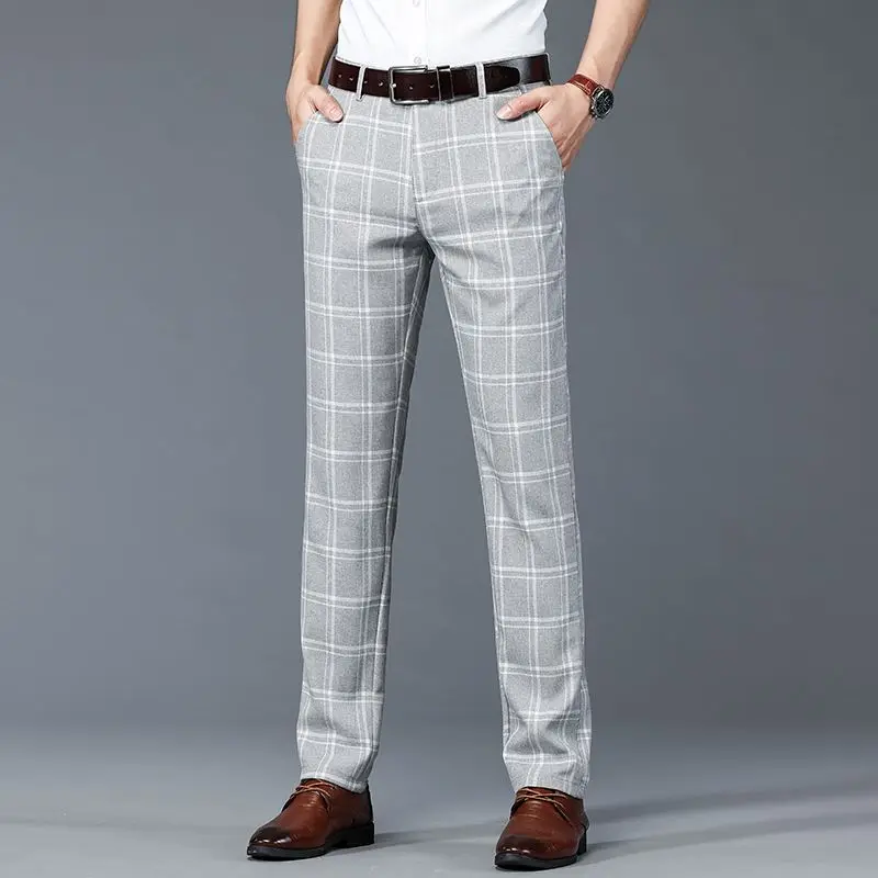 

Stretch Slim Fit Plaid Business Suit Trousers for Men Casual Elegant Anti-wrinkle Chinese Homme Work Wear Thin Man Suits Pants