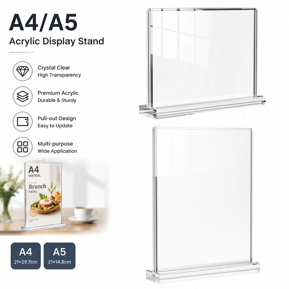 Acrylic A4 A5 Desktop Display Stand Clear Transparent Pull Out Sign Holder Price Card Menu Rack Photo Frame Billboard Display