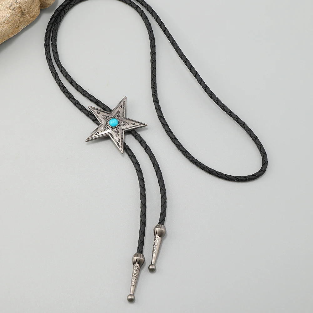 Vintage leather chain Bolo Tie for Men Western Cowboy Necktie Bolo Tie for Shirt Fashion star long necklace