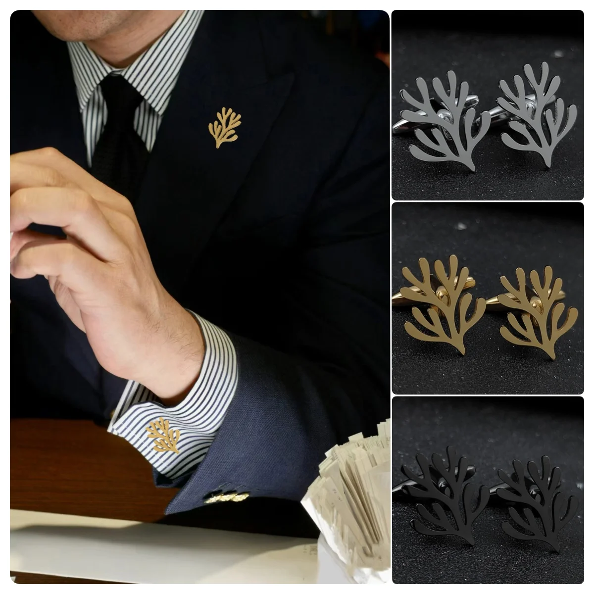 Stainless Steel Coral Jewelry Men Brooch, Seaweed Design Gold Plated Badge, Men Suit Shirt Collar Pin Holiday Gift Wholesale