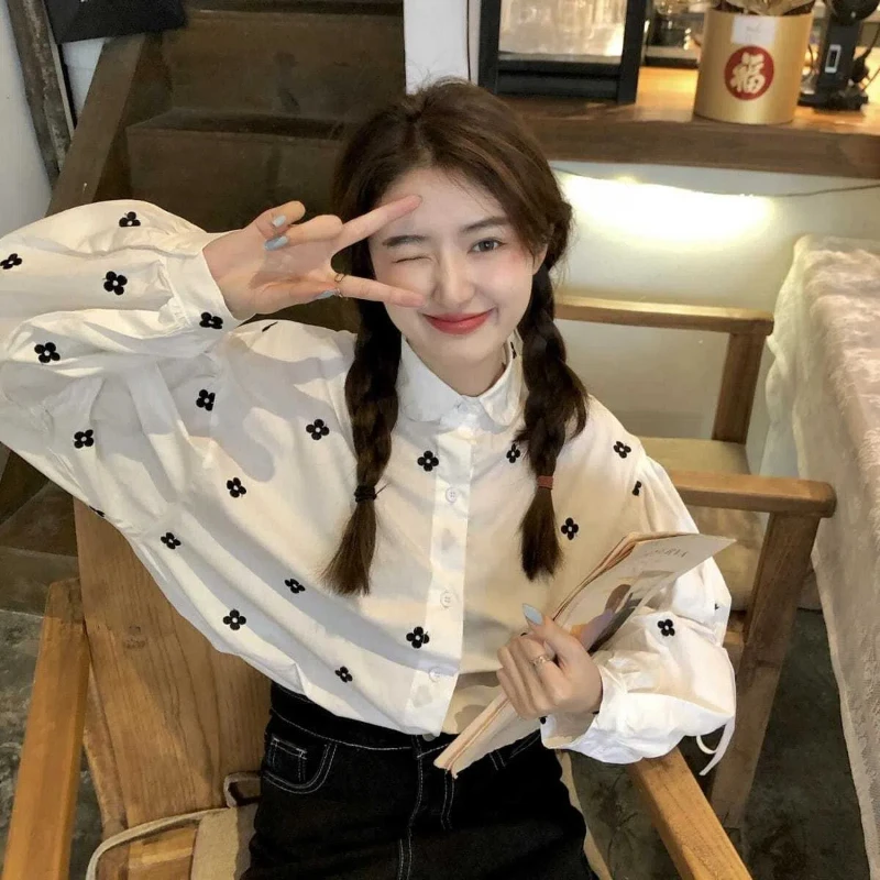 Korean Drawstring Printing Shirt Tops Spring Autumn New Long Sleeve Loose Youth Cute Sweet Blouse Fashion Casual Women Clothing