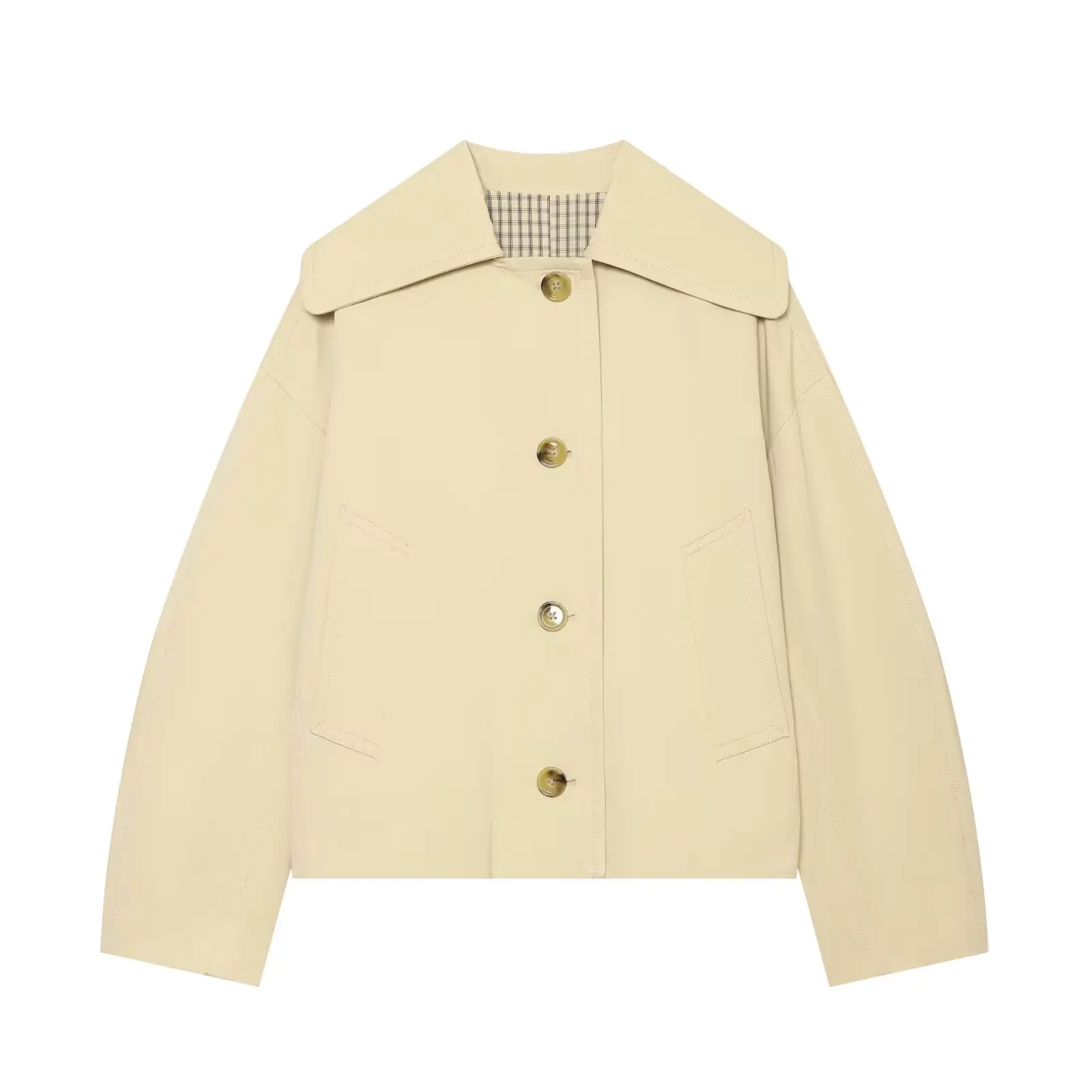 BSAY Damen-Trenchcoat im britischen Stil, kurz geschnitten, mit breitem Revers, einreihig, Knopfverschluss vorne, locker geschnitten, lange Ärmel, gefüttert, lässige Oberbekleidung – Detail 2