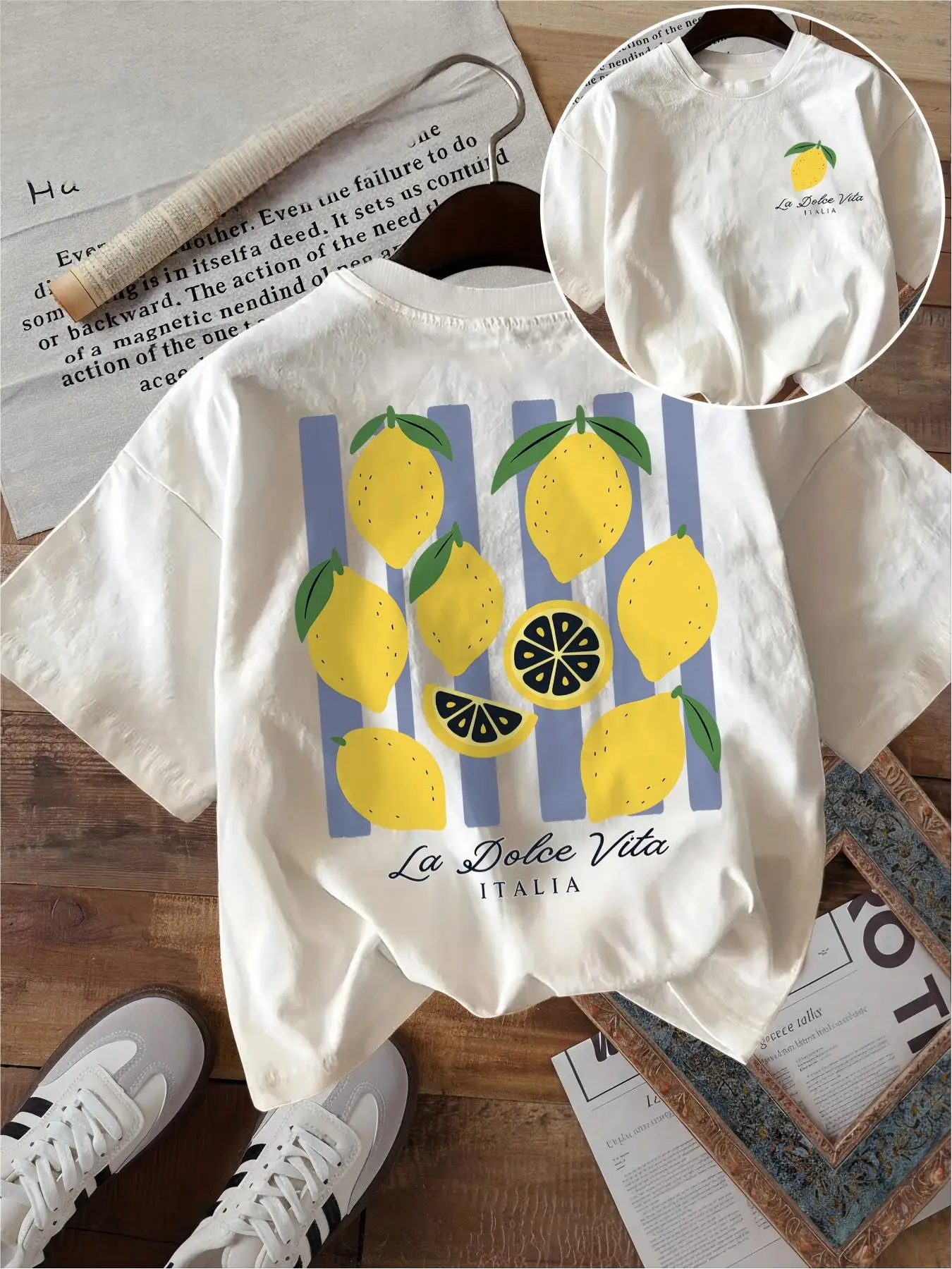 T-shirt La Dolce Vita avec motif de citron amusant, rayures violettes, style italien, unisexe, Harajuku, coupe ample, manches courtes, hauts d'été