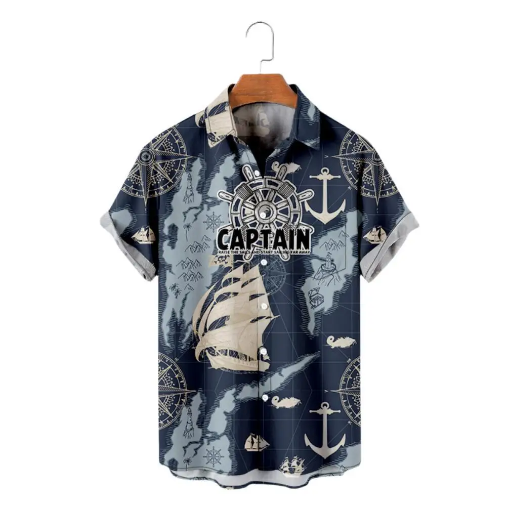 Hawaiian Navigator Sailboat Pattern Men\'s Shirt Sea 3D Printed Retro Short Sleeve Resort New Casual Beach Y2k Oversized Clothe