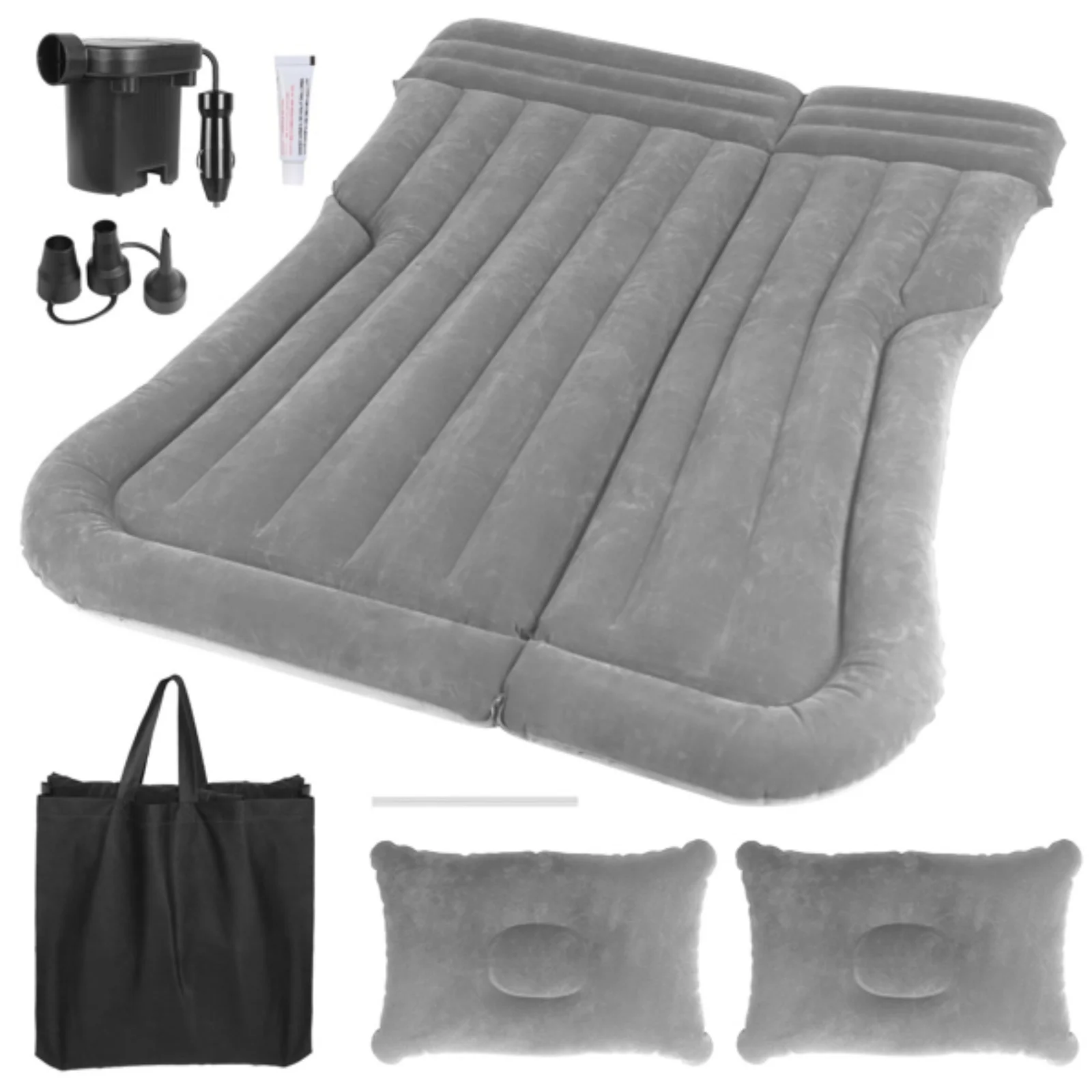 SUV Air Cushion Thickened Camping Mattress with Pillow Air Pump Storage Bag PVC Flocked Car Bed Home Car Travel Camping (Grey)