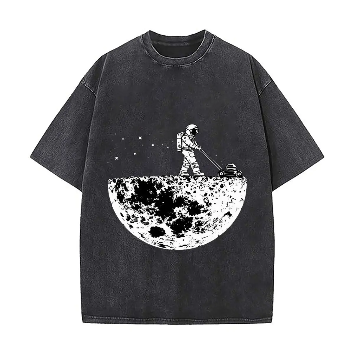 Astronaut Mowing Cratered Moon Surface Space Illustration Washed Vintage Short Sleeve Loose Streetwear Tee