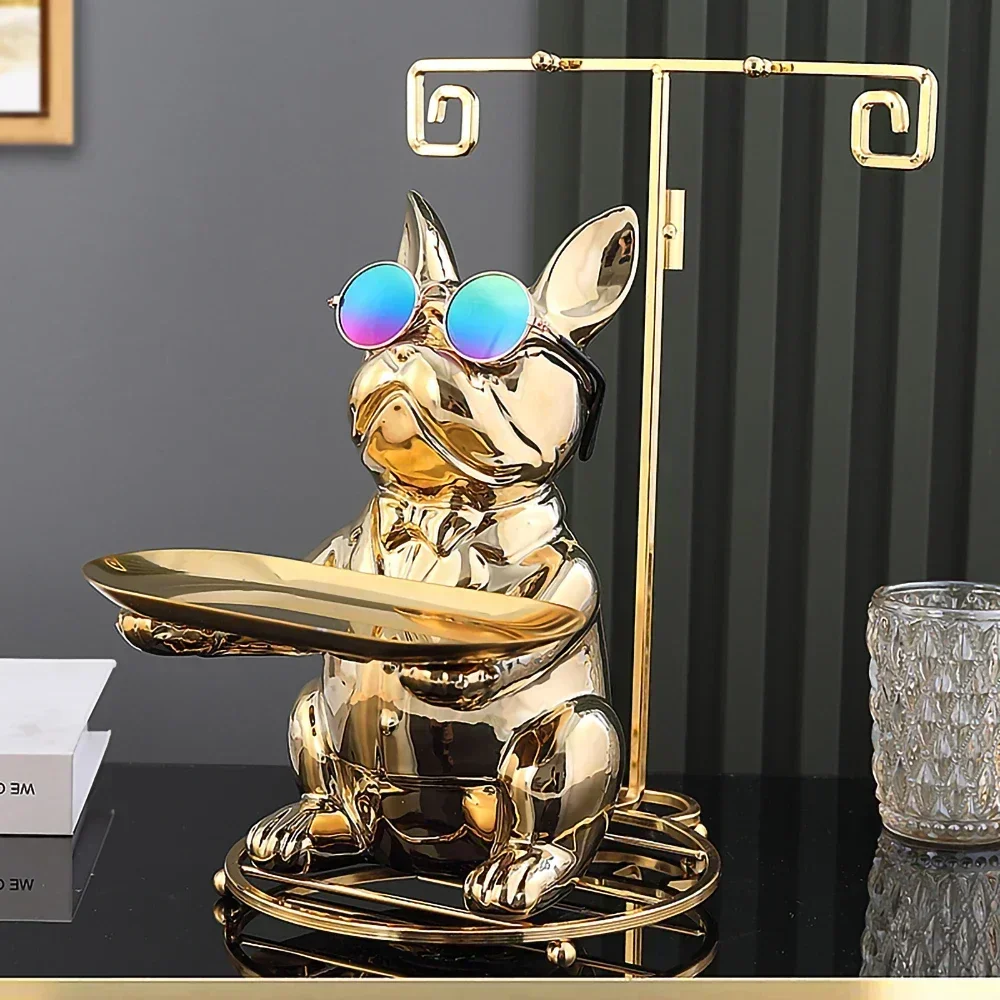 Ceramic Décor Dog Statue Butler with Tray for Storage Table Live Room French Bulldog Figurine Ornaments Decorative Sculpture