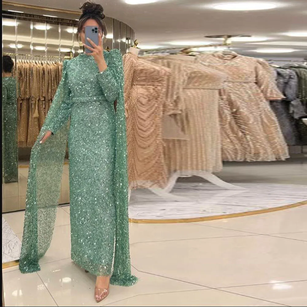 

Customized Glitter Sequin Evening Dresses with Shawl Sleeve High Neck Full Sleeves Formal Prom Gown Ankle Length Arabic Gown