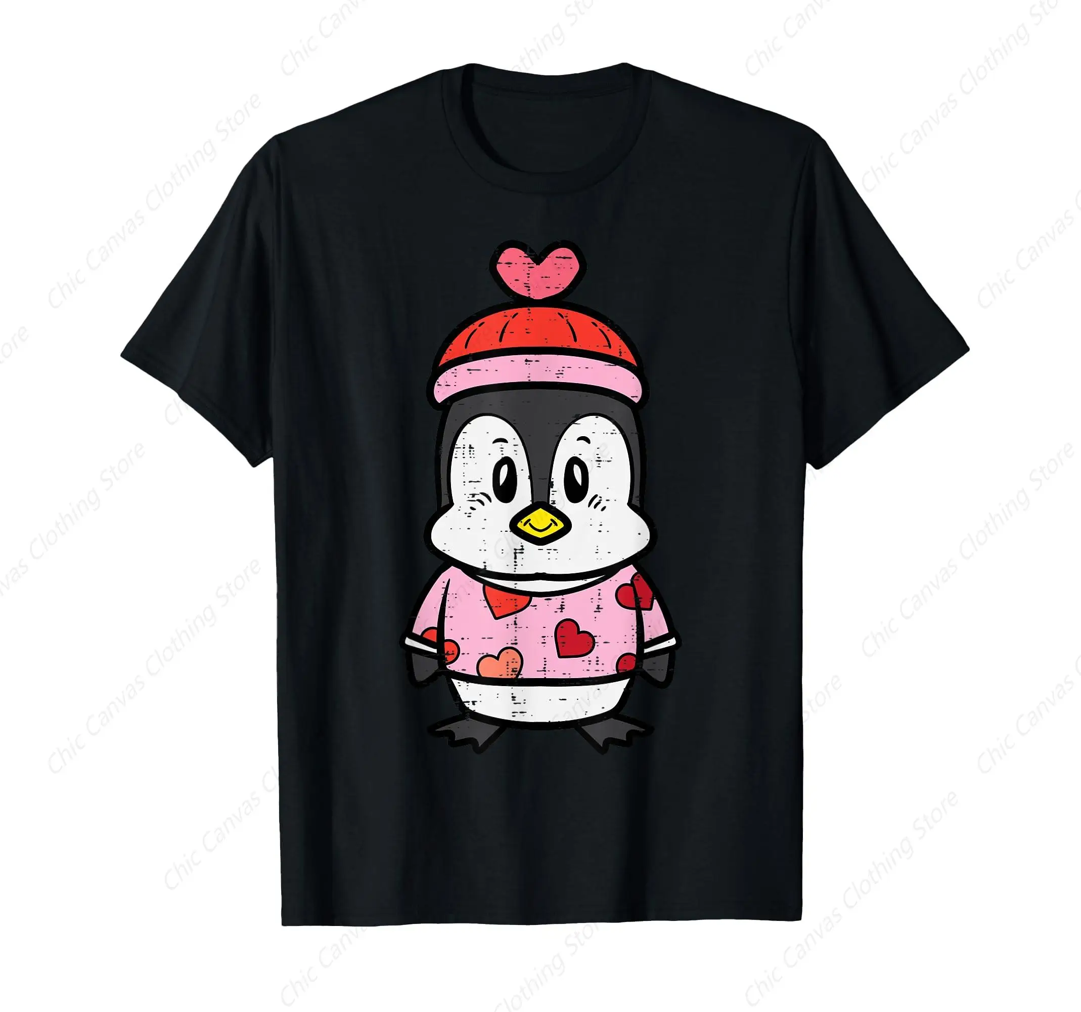 

Valentine's Day Baby Penguin Sweater Girl T-shirt Cute Printed Pattern Black Shirt Pure Cotton Top