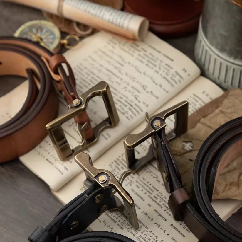 Мужской винтажный брючный ремень из воловьей кожи с латунной пряжкой и верхним слоем