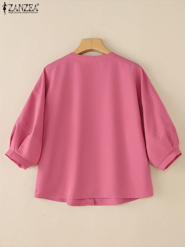 ZANZEA Street แฟชั่นขนาดใหญ่เสื้อผู้หญิงหลวม 3/4 แขนยาวรอบคอปุ่ม Chemise ฤดูร้อน Spliced Tops