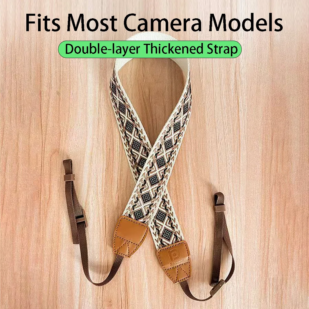 Retro Camera Shoulder Strap, 3.8cm Wide Chevron Pattern, Cowhide Leather Ends 133cm Length