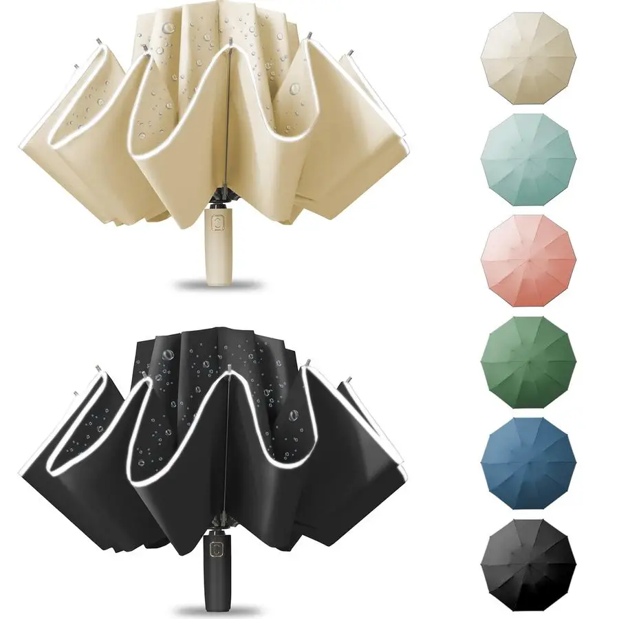 

Windproof Travel Umbrella, Portable Reverse Folding Car Umbrella, Compact Inverted Design with Waterproof Canopy, Automatic, 10