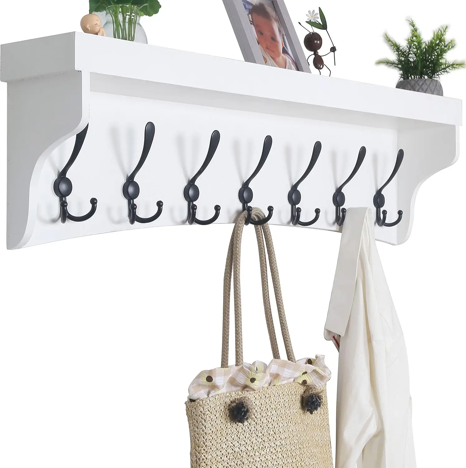 

Coat Ra Wall Mount With Shelf,35"" Long White Shelf With Hooks Underneath,Wall Mounted Coat Ra With Shelf,Key Ra For Wall,7