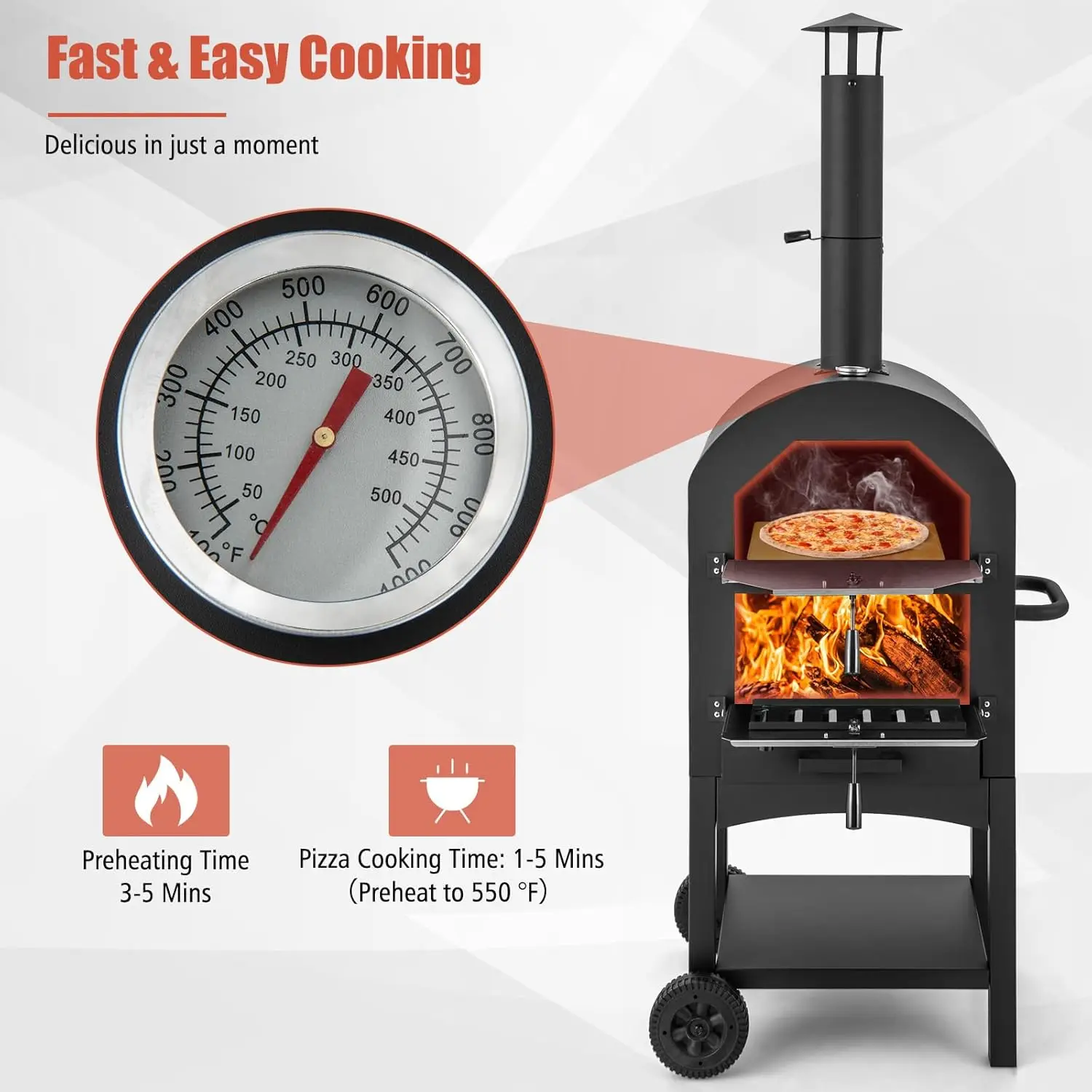 Pizza Oven Outdoor, Wood Fired Oven with Stone, Peel, Waterproof Cover, Cooking Grids, Maker