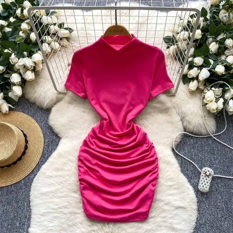 Ins ผู้หญิงฤดูร้อนคอเต่าจีบ bodycon มินิสั้นชุดลําลอง ruched party t เสื้อชุด draped night club sheath vestidos