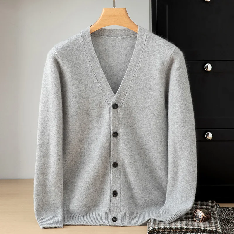 Men's V-Neck Cardigan 100% Cashmere Knit Coat 2026Autumn and Winter New High-Quality Jacket Casual Loose Thicken Bottoming Shirt