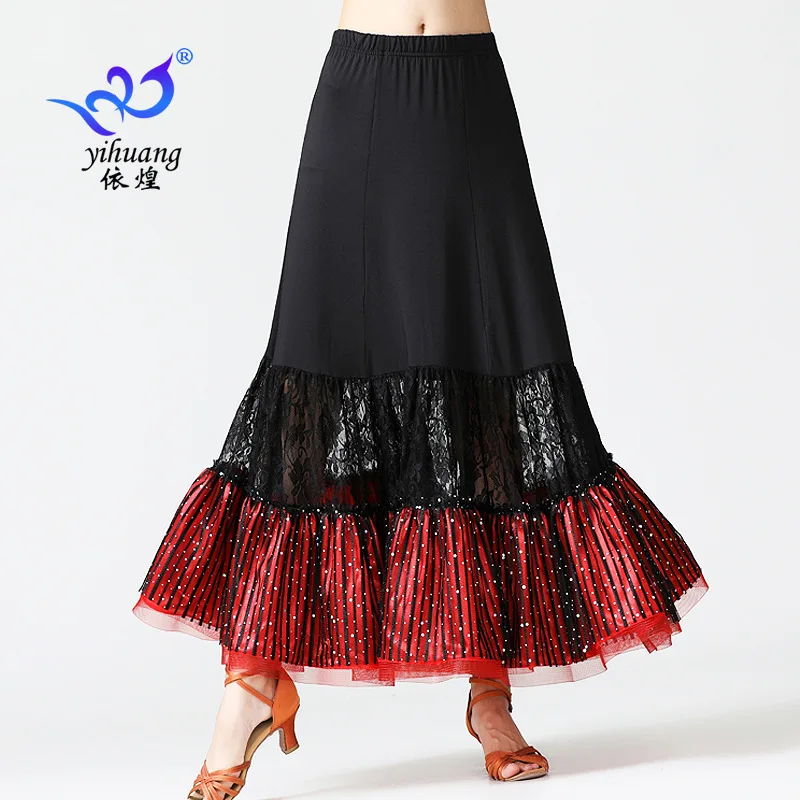 1 unids/lote estilo de lujo mujer largo encaje satén baile de salón falda señora cintura elástica franjas de color falda larga
