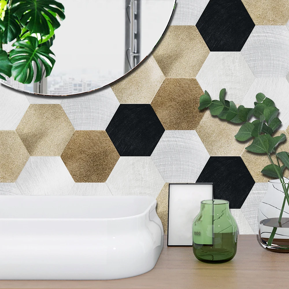 Gold Black White Marble Hexagon Tiles Floor Wall Stickers Kitchen Bathroom Home Decor Peel & Stick Twill Surface Art Wall Decals