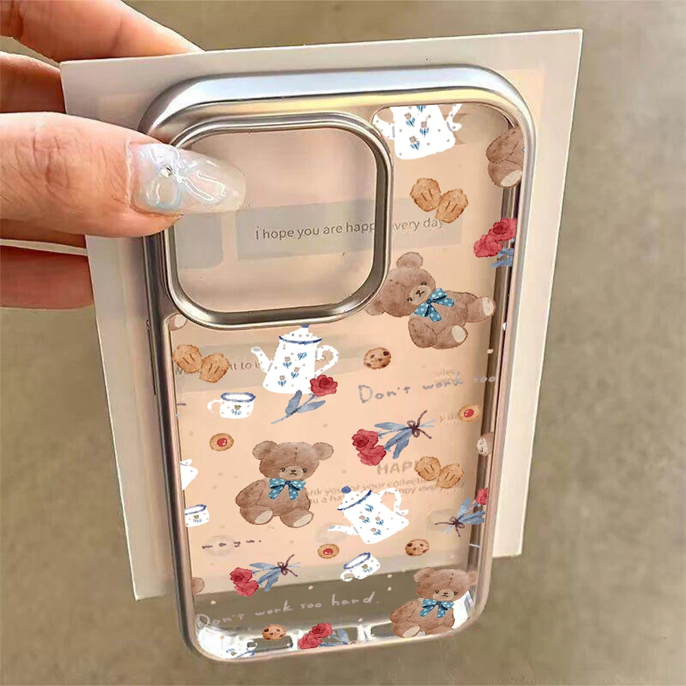 

Cute Party Bear Girl Case For iPhone 16 Pro Max Cases iPhone 17 11 12 13 14 15 ProMax Plus XS XR Plating Clear Anti Fall Fundas