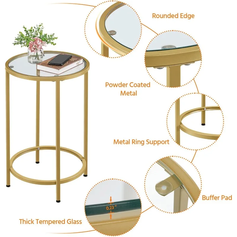 

Gold Side Table Set Of 2, Round End Tables Tall Nightstand Bedside Table Set W/Glass Top & Metal Frame For Living Room