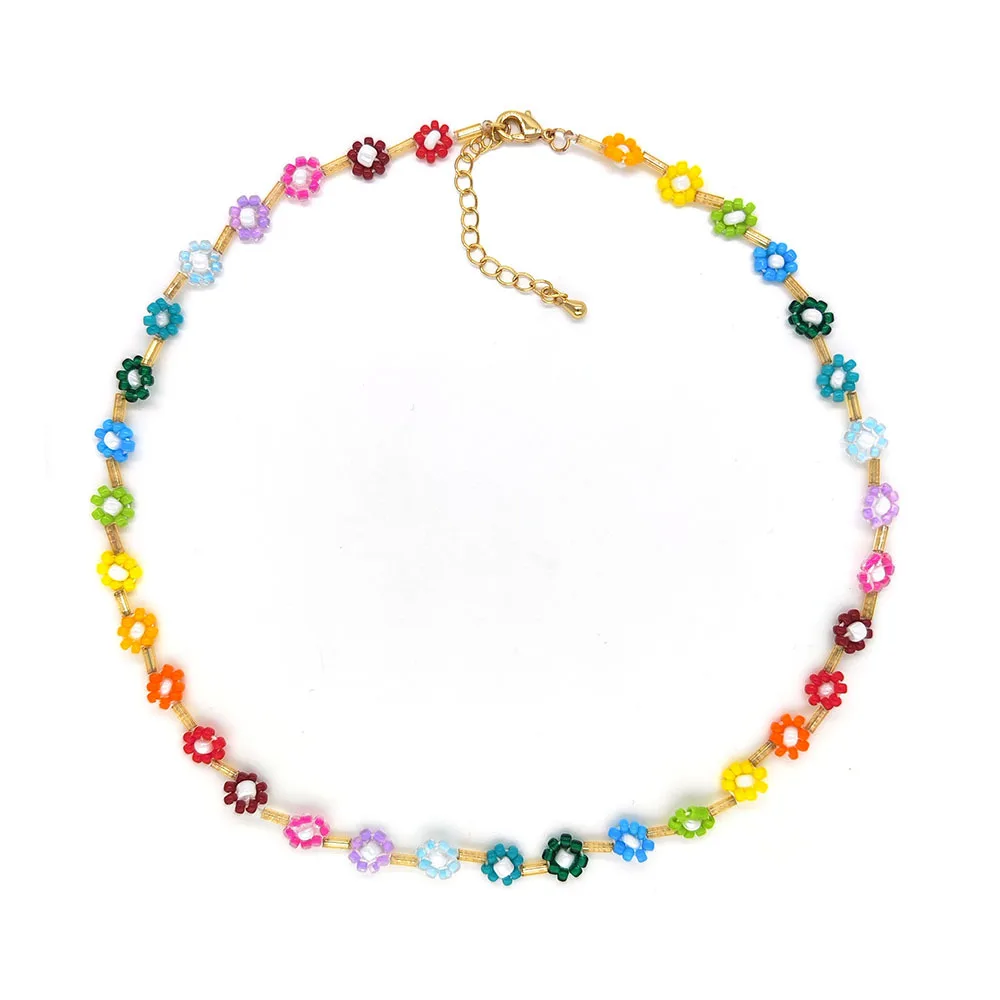 Rice bead necklace Originality Flowers Bohemia Rainbow Design Hand knitting Adjustable Female Fashion Simple Beaded necklace