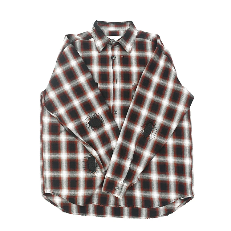 

Hand-Stitched Patchwork Vintage Plaid Shirt - American Retro Distressed Washed Destroyed Checkered Oversized Streetwear Casual