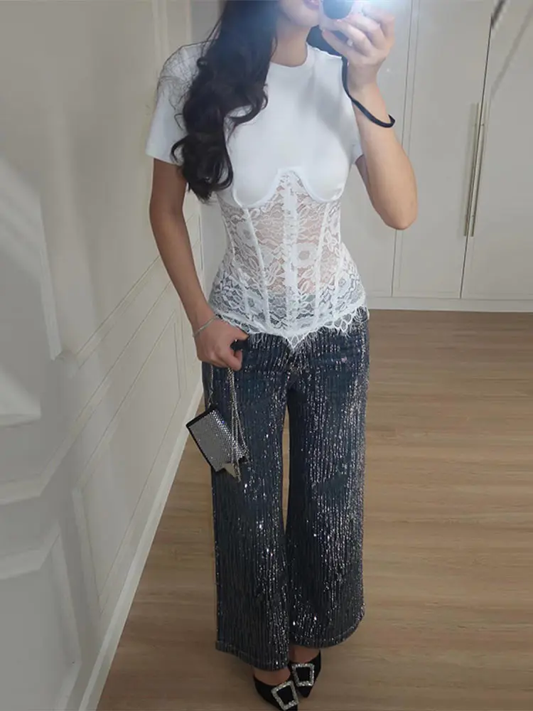 Elegante Spitze Patchwork Top Frauen Solide Rundhals Kurzarm Durchsichtig Slim Fit Tops Dame Neue Täglich Casual Sommer Hemd 2026