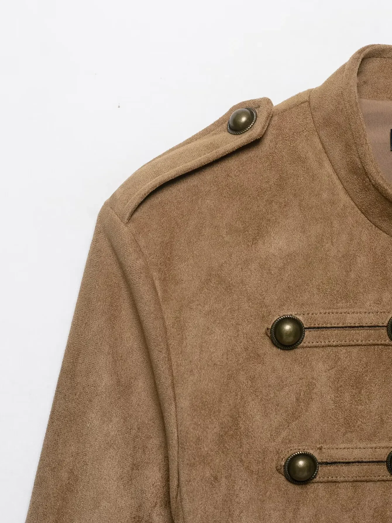 Neu eingetroffene Damen-Slim-Jacke mit Stehkragen, doppelreihigem Verschluss, Metallknopf-Verzierung, Reißverschluss vorne, kurz geschnittene Oberbekleidung, Herbstmode für Damen. – Detail 4