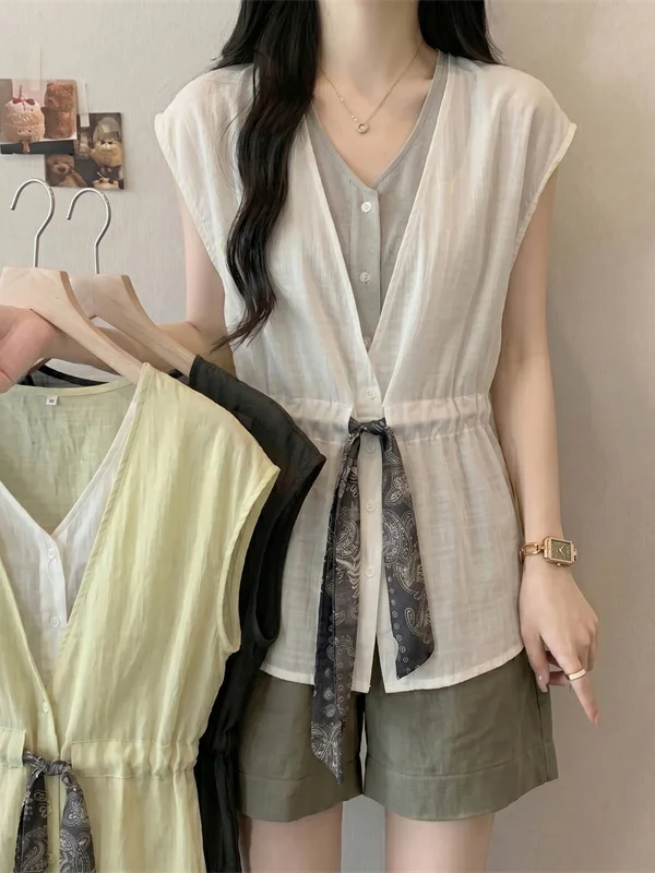 

Summer 2026 Fashion Slimming V-Neck Short Sleeve Wrap Waist Large Size Loose Top Women's Stylish Scarf Two-Piece Look Shirt