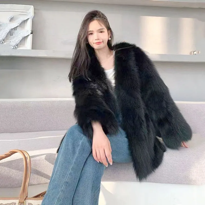 2023 New Women Winter Faux Raccoon Fur Coat Mid-length Loose Overcoat Slim Debutante Jacket  Thicken Warm Simple Outwear