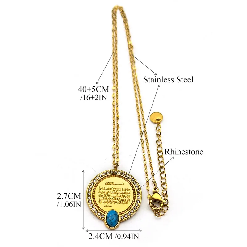 Islamic Muslim Allah Quran Zircon Pendant Necklace for Men Women Stainless Steel Gold Color Ramadan Amulet  Accessories Jewelry