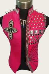 Customized Men's Rose Rivets Crystals Vest Costumes Club Stage Show Dance Wear Nightclub Male Singer DJ Catwalk Performance Coat