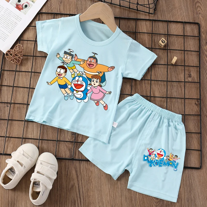 

Doraemon New Pajamas Suit for Children Cartoon Comfortable Pajama Set Blue Baby Nightgown T-Shirt+Short Pants Kid Sleepwear Gift