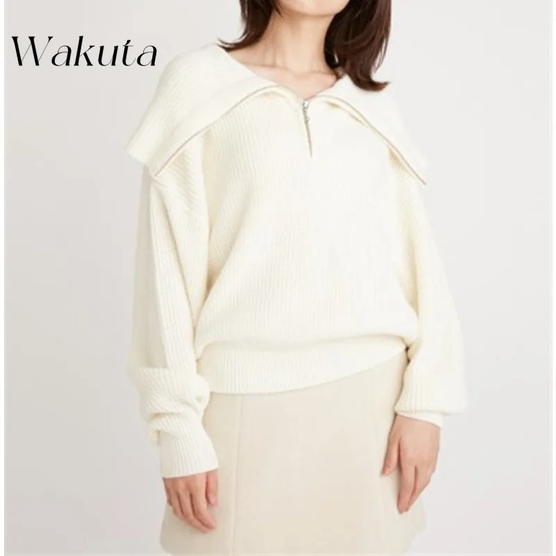 WAKUTA 2024 Retro Japanese Large Lapel Zipper Pullovers Fall and Winter Striped Wool Sweaters Casual Slim Sweater Кофта Женская