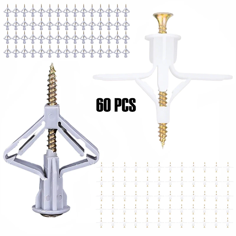 

60PCS Expansion Screw Aircraft Butterfly Type Plastic Anchors Drywall Fixings Screw Curtain Wall Gypsum Board Expansion Tube