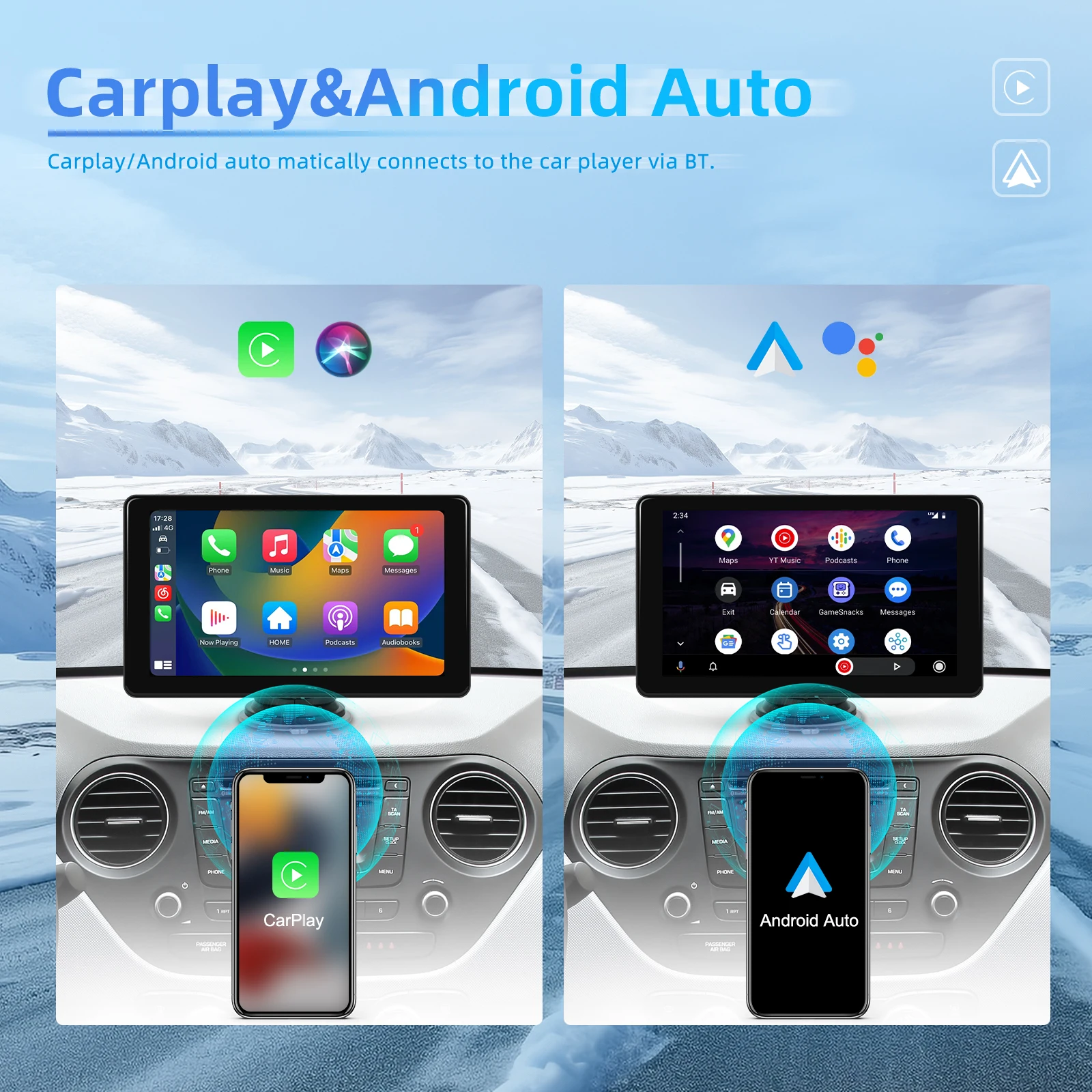 Podofo 7inch Carplay Monitor MP5 Portable Smart Player Support Wireless Carplay Android Auto Bluetooth Music FM EQ Dashboard