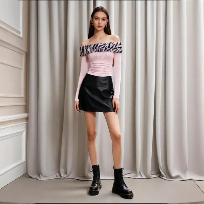 

Autumn's new spicy girl style leopard print fur collar one-shoulder sexy off-the-shoulder slim long-sleeved T-shirt for women