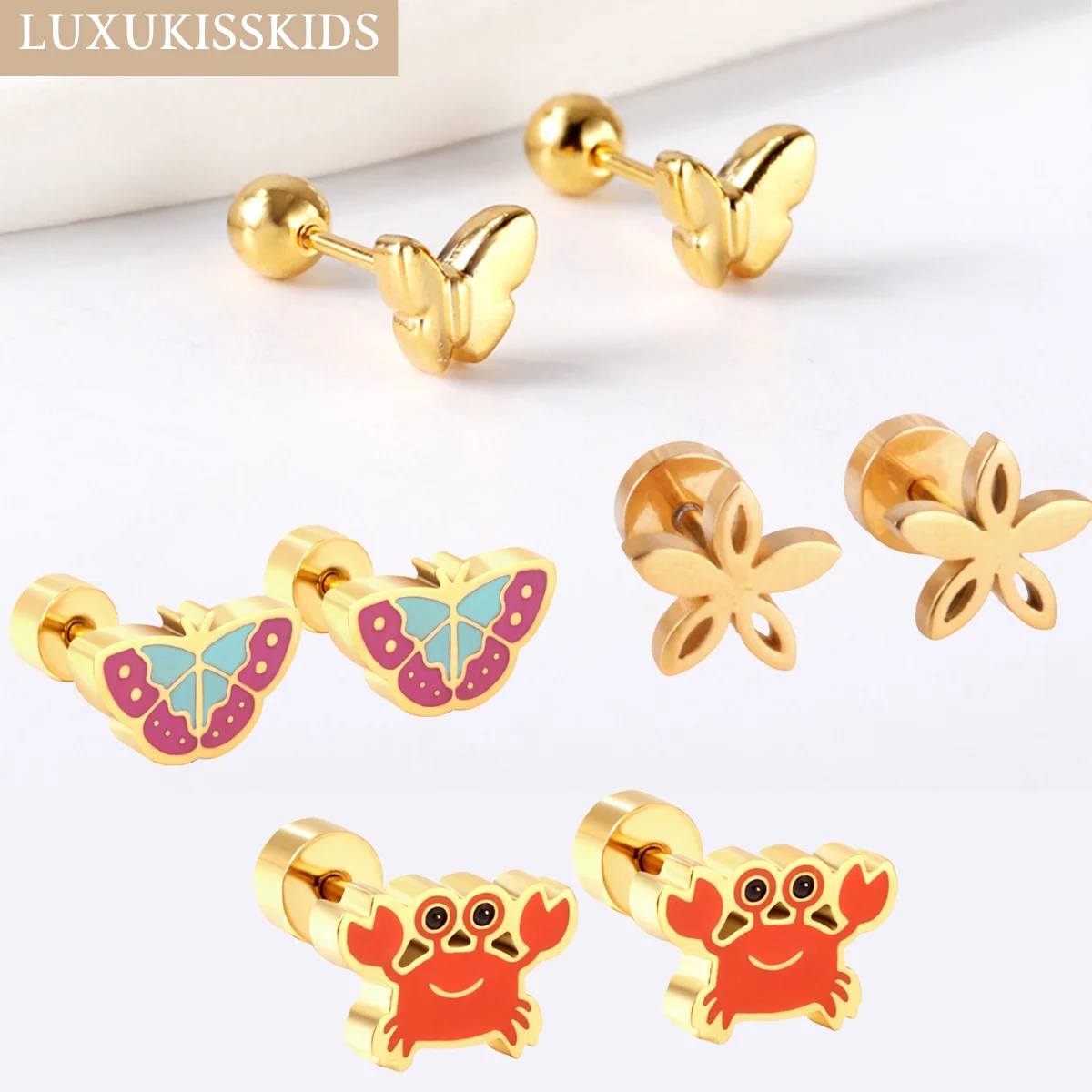 LUXUKISSKIDS Girls Stainless Steel Cherry Stud Earrings Tiny Simple Fashion Cute Flower серьги Butterfly Fairy Bowknot Jewellry