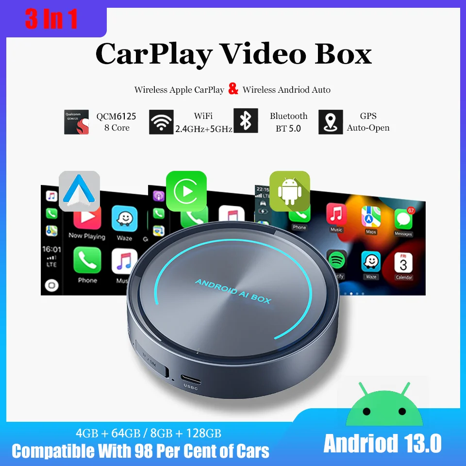 New Android13 Wireless Android Auto Wireless Apple CarPlay 3In1 Smart TV Box 8 Core + 128GB Built-in Netflix YouTube Play Store