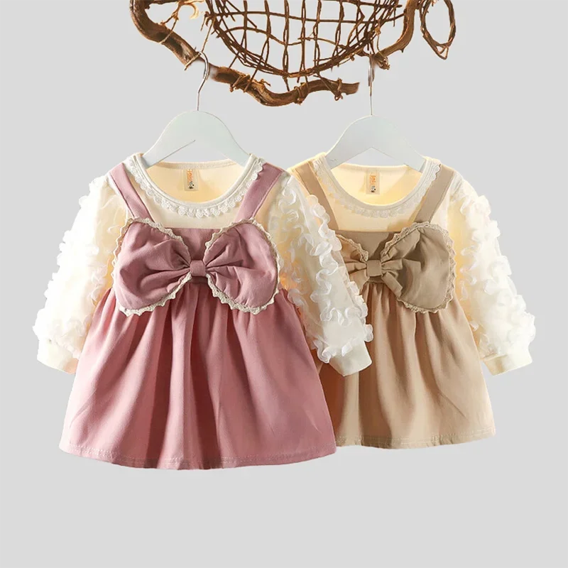 

Autumn New Baby Girl Fake Two Piece Dress Lace Ruffle Long Sleeve Bow Princess Dress Sweet Girl Party Casual Clothes