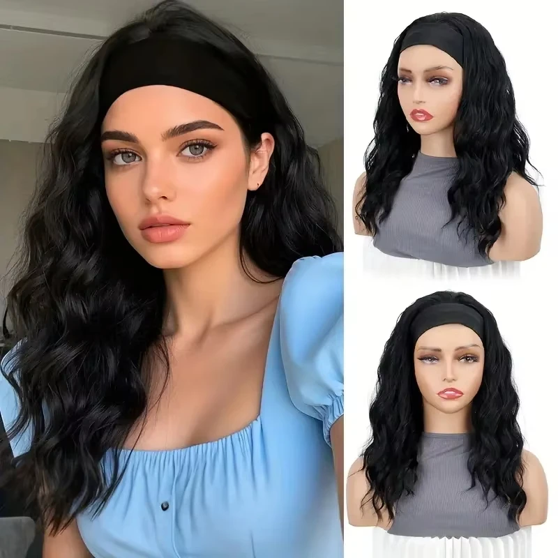 Women's Black Short Wavy Curly Headband Wig Heat Resistant Fiber Synthetic Wig for Daily Party Wear