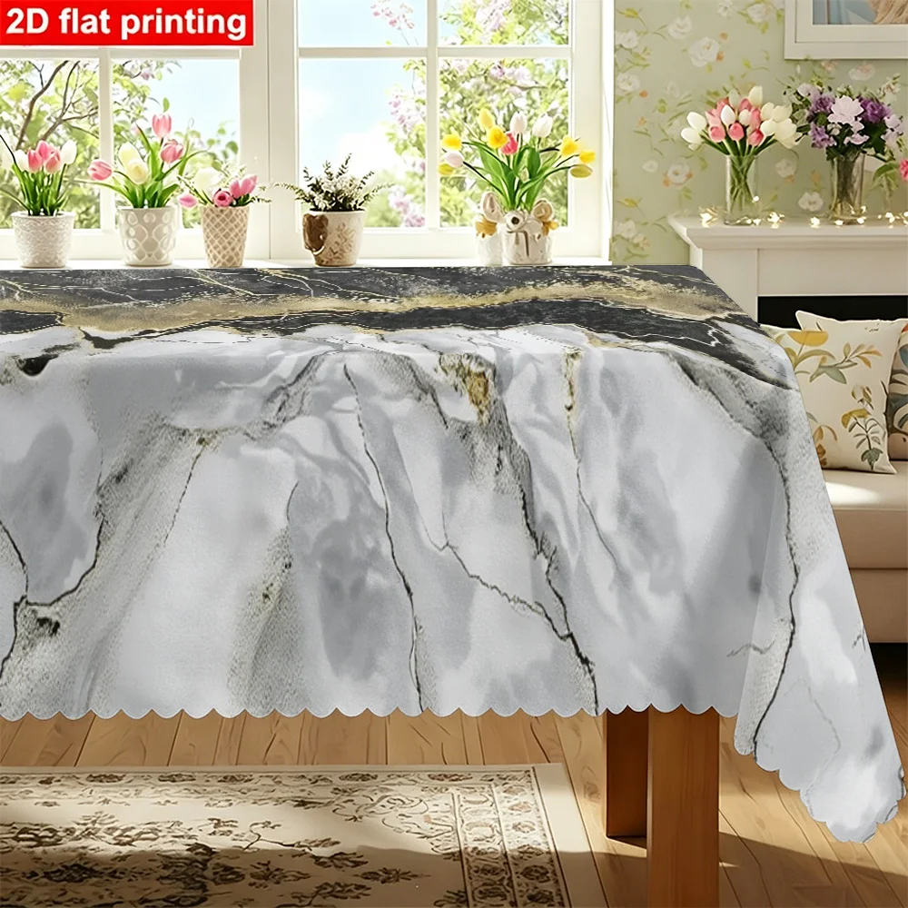 1PC Rectangular tablecloth in a modern abstract black, white and gold marble pattern made of durable polyester fabric for table,
