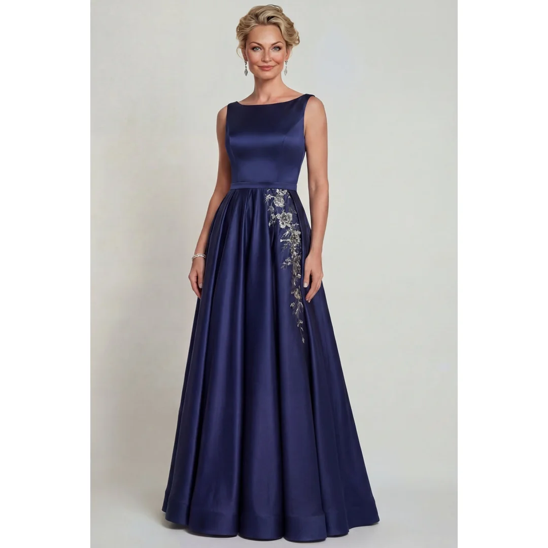 

Elegant Navy Blue Satin Sleeveless Evening Dresses With Appliques O-neck A-line Vintage Wedding Guest Gowns Women Formal Dress