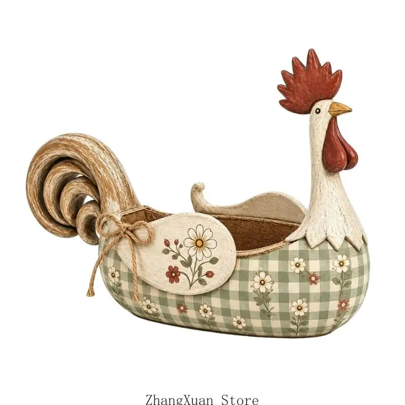 Country Chicken Besteckbehälter aus Holz mit deckellosem Zugang und Gingham-Blumendetail für die Tischorganisation 3XUF – Detail 7