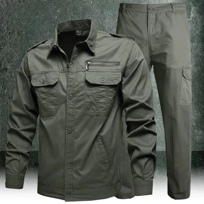 Spring Work Clothing Set Men Tactics Training Cotton Combat Cotton Shirts and Cargo Pants Army Green Causal Loose Suits Summer