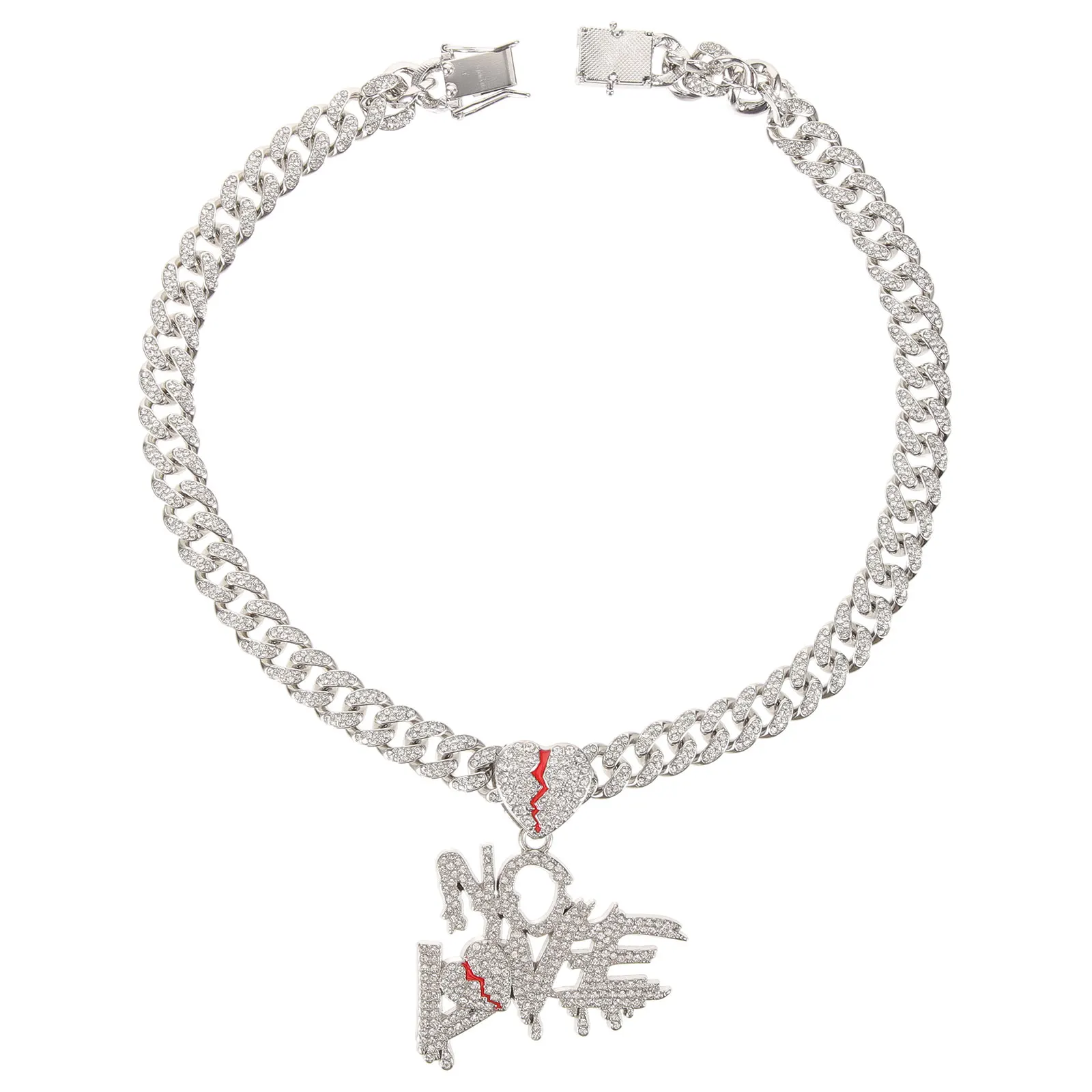 

Rhinestone Decorated Letter Heart Pendant Necklace 50cm Silver Color Cuban Chain Women Teens Casual Dressy Occasion Gift