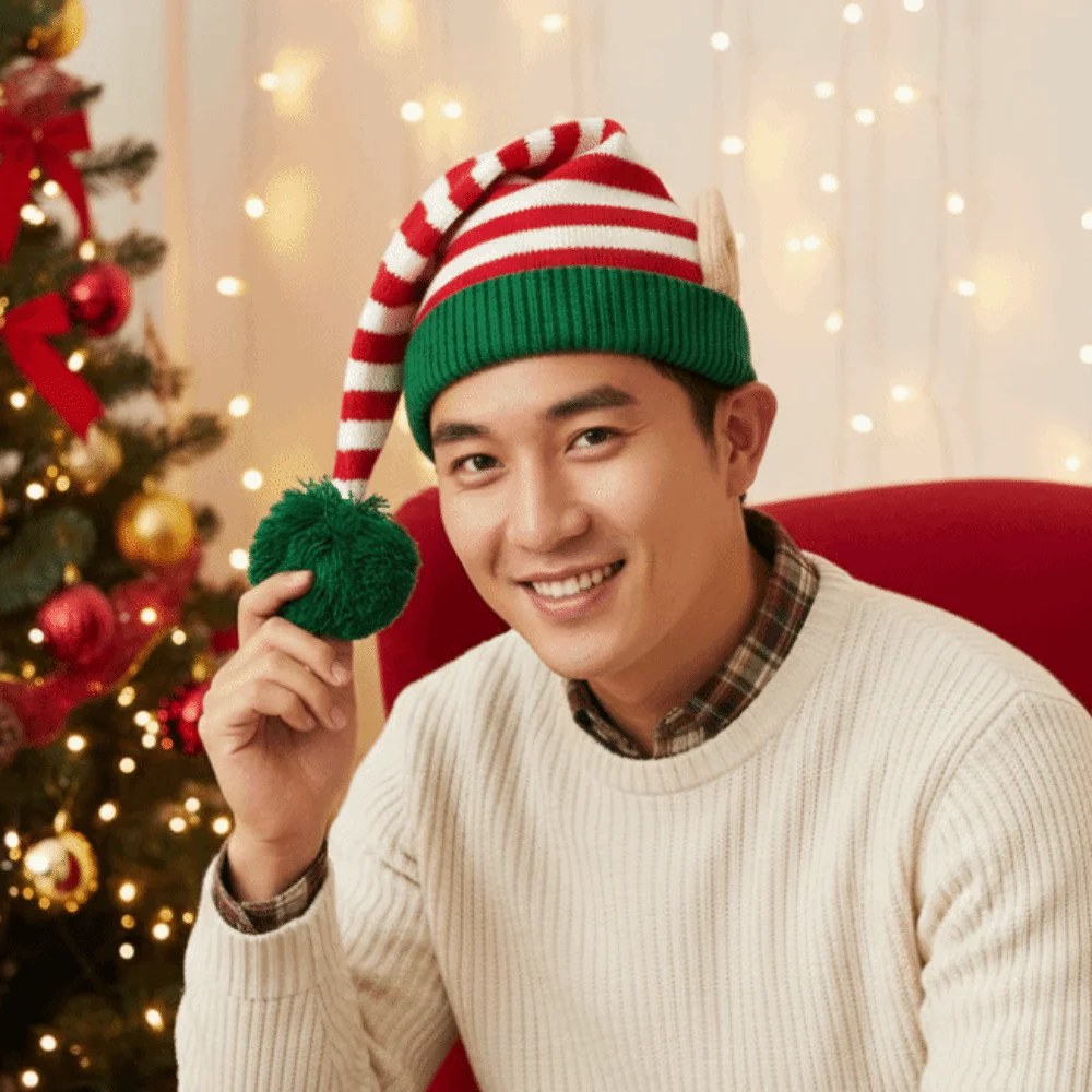 Xmas Costume Headpiece Knitted Christmas Beanie Warm Elastic Elf Knit Hat Contrast Color Thick Funny Party Headwear Carnival
