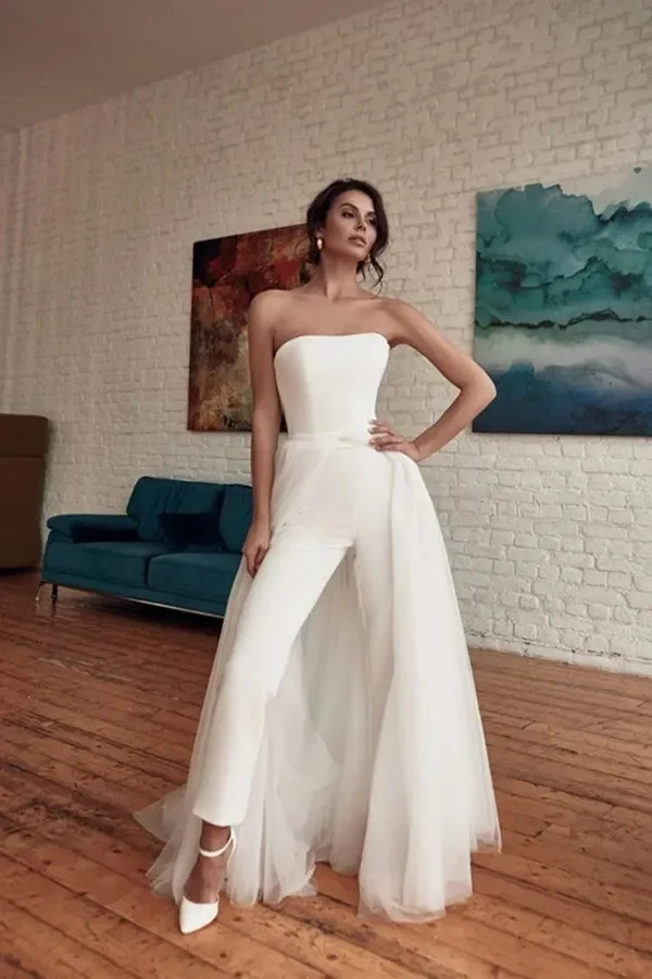 Strapless beach Wedding dress Jumpsuit Detachable Train 2026 Summer Holiday country Bohemian Bride Dresses with Pant Suit