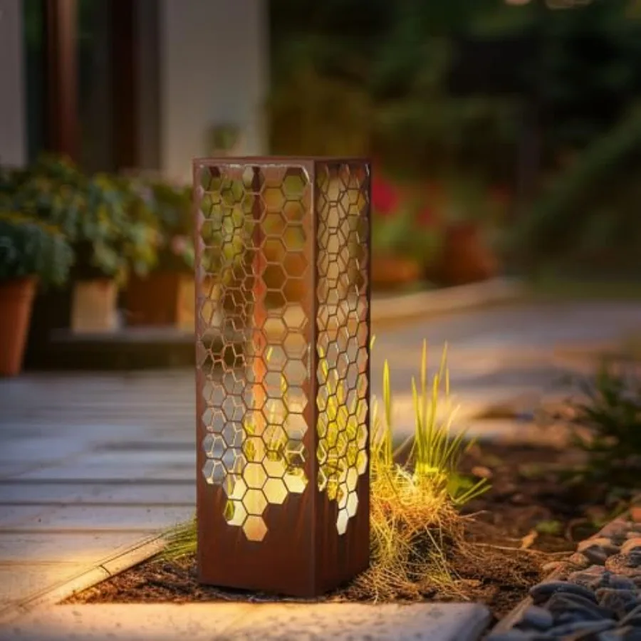 

24 Inch Honeycomb Garden Column Rust Steel Statue Outdoor Yard Sculpture Metal Patio Landscape Decor Beehive Art Column for Law